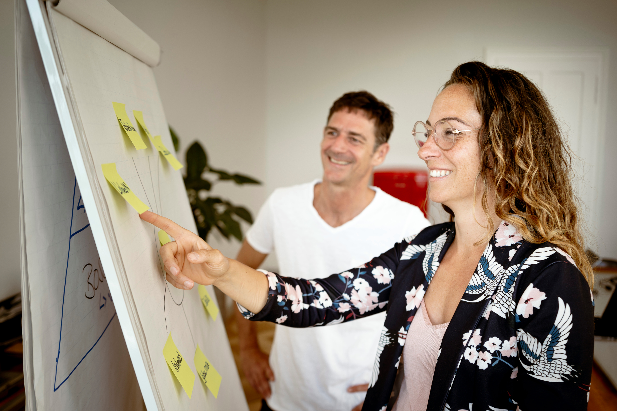 Mann und Frau die beide lachend vor einer Flipchart stehen Recruiting Kanäle besprechen.